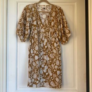 Floral Printed Cotton Puff Sleeve Tie Front Dress